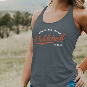 Women&#39;s Pickleball Racerback Tank - Bainbridge Island Established 1965 - Retro Pickleball Tank Top - Pickleball Gift