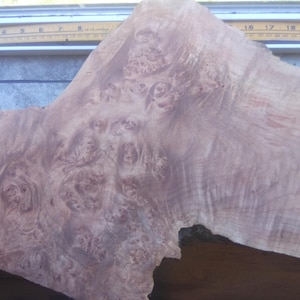 May include: A large, irregularly shaped piece of wood with a light purple hue and intricate patterns. The wood grain features swirling, knot-like formations, creating a unique and textured surface. The wood appears to be unfinished.
