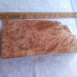 May include: A close-up of a piece of wood with a unique burl pattern. The wood is a light brown color with darker brown swirls and knots. The wood is approximately 18 inches long and 6 inches wide.