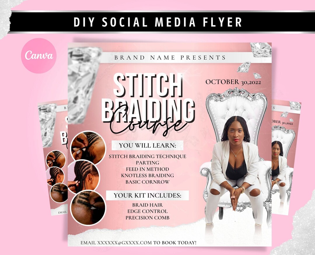 DIY Stitch Braiding Course Flyer, Braid Class Flyer Template, Hair Class Flyer, Wigs Flyer