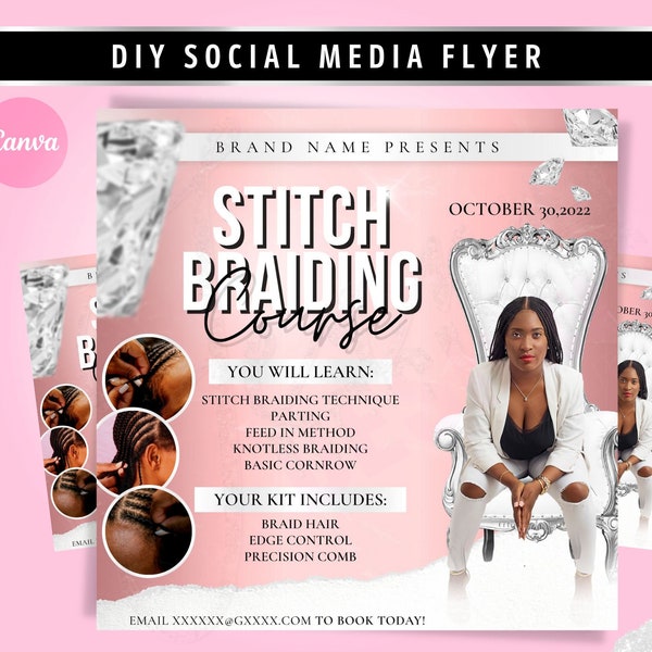DIY Stitch Braiding Course Flyer, Braid Class Flyer Template, Hair Class Flyer, Wigs Flyer, Social Media Flyer #181
