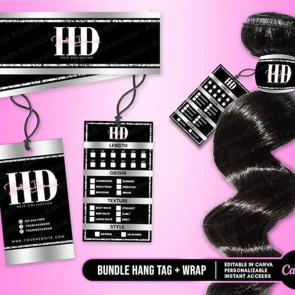 DIY Hair Hangtag & Bundle Wrap, Hair Tags, Hair Extension Wraps, Hair Labels, Editable Template #408 #409