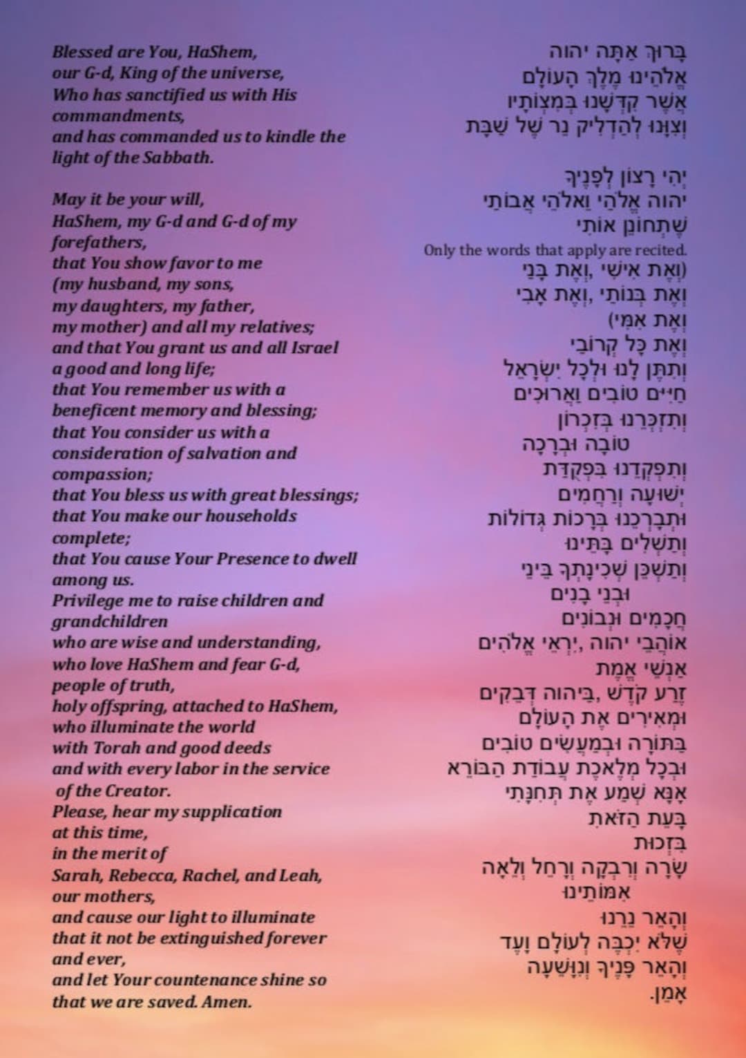 Shabbat Candle Lightning Blessing Etsy