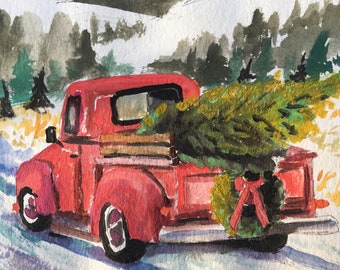 Red Truck w Christmas Tree Original Watercolor Painting, Print, or set of Notecards by susan elizabeth jones artist