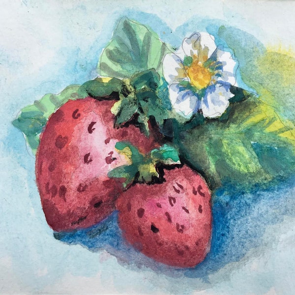 Strawbirdies Original Watercolor Painting, Print, or Set of Notecards with envelopes by susan elizabeth jones, Columbia, TN - Strawberries