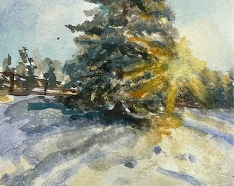 Winter Sunset - Original Watercolor Painting, Print, or set of Notecards with envelopes by susan elizabeth jones, Evergreen in Snow