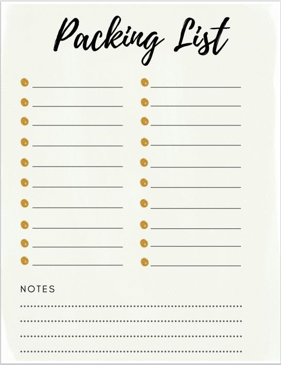 packing list printable etsy