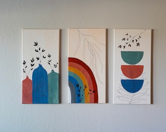 Set of 3 Mid - Century Abstract Boho Painting | Original Acrylic Canvas Painting