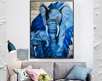 Abstract Elephant Acrylic Painting | Mother Baby Blue Nursery Wall Art, Original Painting