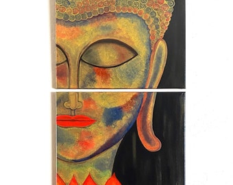 Original 3-Piece Buddha Acrylic Canvas Painting | Gold & Red Triptych Wall Art | Zen Meditation Decor | Large Lotus Buddha Portrait