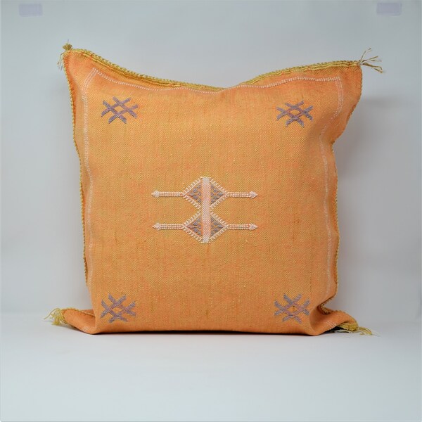 Authentic 18" Moroccan Cactus Silk Pillow Cover in vivid orange color with blue and pink details 18 x 18 in / 47 x 47 cm