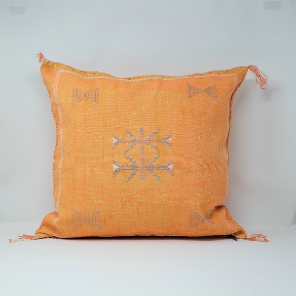 Authentic 18" Moroccan Cactus Silk Pillow Cover in vivid orange color 18 x 18 in / 47 x 47 cm