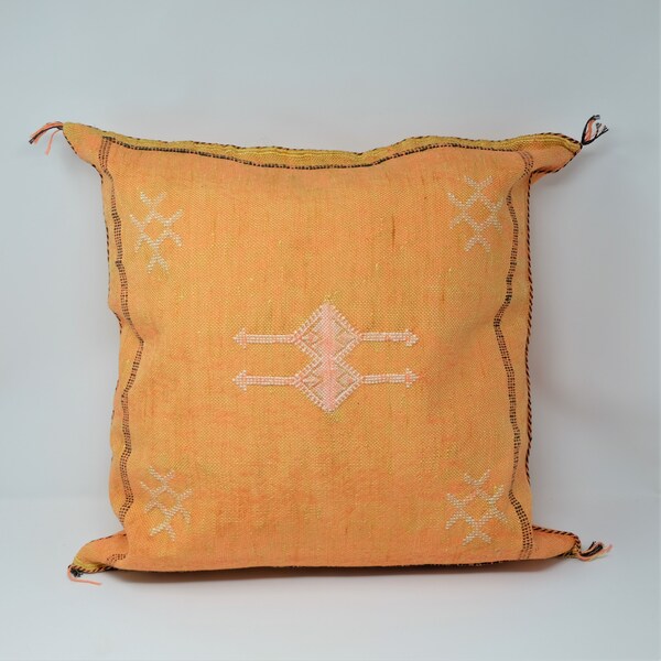 Authentic 18" Moroccan Cactus Silk Pillow Cover in vivid orange color with pink only details 18 x 18 in / 47 x 47 cm