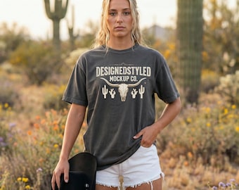Maqueta de camiseta Comfort Colors 1717 Pepper: Estilo de vida de vaquera occidental en el desierto con sombrero de vaquero para diseños de ropa campestre y ranchera.