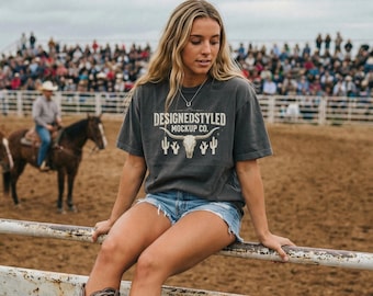 Comfort Colors 1717 Pepper T-shirt Mockup | Western Rodeo Aesthetic | Oversized Fence Sitting Lifestyle Digital Download
