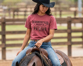 Comfort Colors 1717 Crimson T-Shirt Mockup | Western Ranch Horseback Riding | Cowgirl Tee Design | Rustic Outdoor Lifestyle Mockup for POD