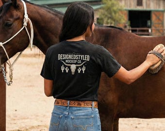 Maqueta de espalda negra Comfort Colors 1717 / Camiseta ecuestre estilo rancho occidental / Plantilla para camiseta para amantes de los caballos / Maqueta de estilo de vida de vaquera rústica