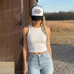 Otto 39-165 Zwart-wit foam truckerhoed mockup, plattelandsmeisje landelijke levensstijl, Western Outdoor Ranch