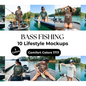 Puede incluir: Una imagen compuesta que presenta maquetas de estilo de vida centradas en la pesca de lubina. La imagen muestra a personas que usan camisetas mientras pescan en un lago. El texto de la imagen dice "BASS FISHING 10 Lifestyle Mockups", "3 Colors" y "Comfort Colors 1717".