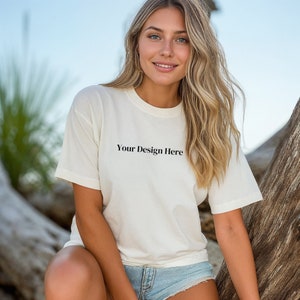 Comfort Colors C1717 Elfenbein Shirt Mockup, Oversized Mockup, Elfenbein Shirt Mockup, Ivory Comfort Color Shirt Mockup, Model Mock up, Beach Lifestyle
