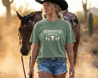 Comfort Colors 1717 Bay T-shirt Mockup, Female Model with Horse, Sunset Desert Trail Saguaro, Western Cowgirl Golden Hour Arizona Photo