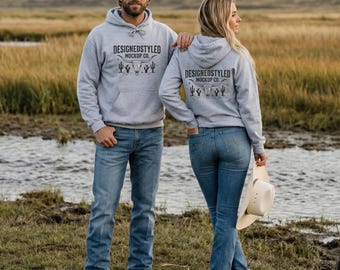 Sport Grey Gildan 18500 Hoodie Mockup Front and Back View, Western Couple Ranch Lifestyle, Country Creek Sweatshirt