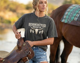 Comfort Colors 1717 Pepper T-Shirt Mockup: Western Ranch Life Cowgirl Prepping Saddle for Authentic Instagram Pinterest Social Media