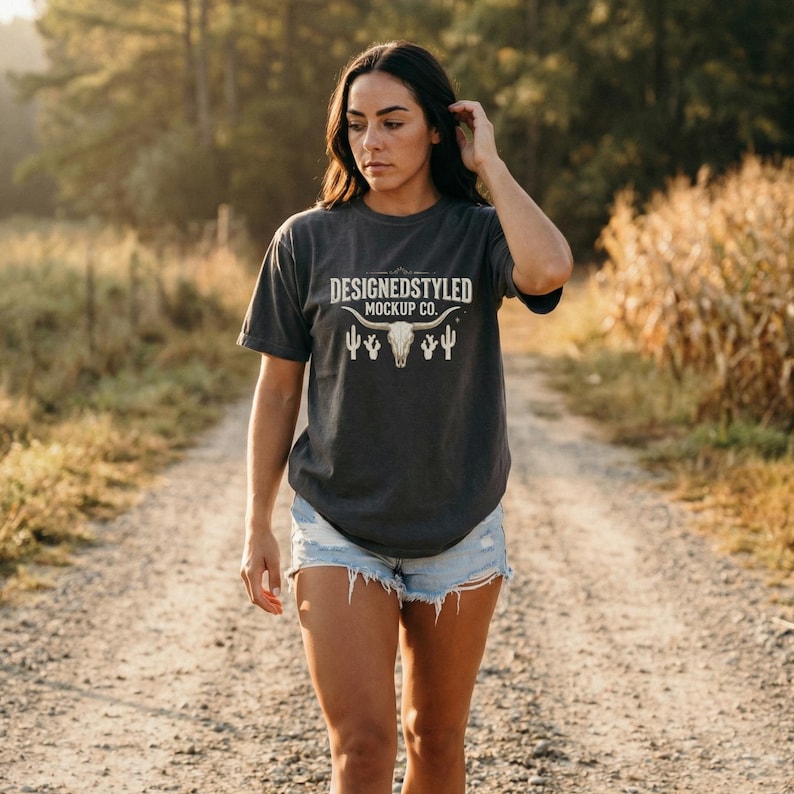 May include: A dark gray t-shirt with the text "DESIGNEDSTYLED MOCKUP CO." and a graphic of a bull skull, cacti, and other desert elements. The shirt is worn with denim shorts. The image is taken outdoors.