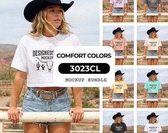 Comfort Colors 3023CL Mockup Bundle | Boxy Crop T-Shirt Set | Western Cowgirl Rodeo Fence Pose | POD Product Photo
