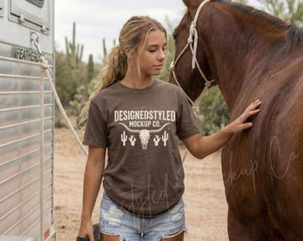 Comfort Colors 1717 Espresso T-Shirt Mockup Woman with Horse Lifestyle Western Print Canva Friendly Rustic Desert Vibes