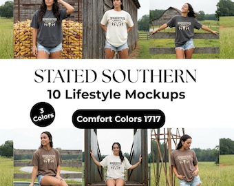 Paquete de maquetas Comfort Colors 1717 / Imágenes de camisetas sureñas en marfil, pimienta y espresso / 10 fotos de modelos editoriales en el rancho