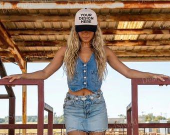 Otto Cap 31-069 Black and Natural Trucker Hat Mockup, Western Ranch Rural Lifestyle, Country Boutique