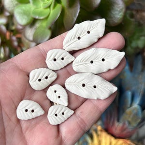 Op de afbeelding: Een verzameling van acht witte keramische knopen in de vorm van een blad met elk twee gaten. De knopen zijn gerangschikt op een hand.