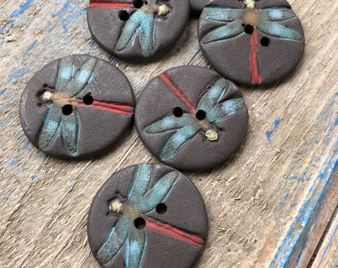 Dragonfly Artisan Buttons-Hand-painted dragonfly buttons-Pottery Button-Statement Button-ceramic button-Art Buttons-insect button