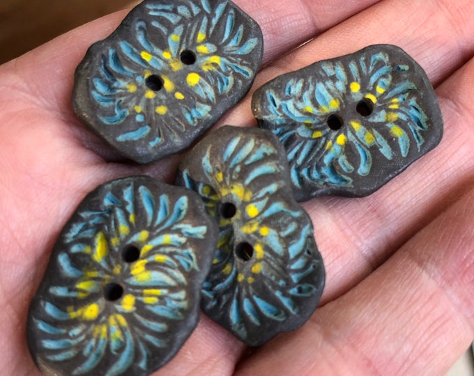 Chrysanthemum Artisan Buttons-flower buttons-hand painted buttons-ceramic button-painted button-pottery button-blue button