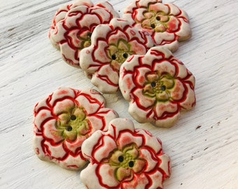 Porcelain Flower Hand Painted Button-porcelain white flower Buttons-Artisan buttons-daisy button-purse making-colorful buttons-red buttons