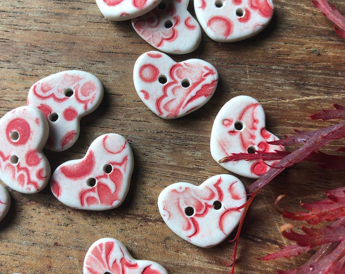 Red Delft Heart Porcelain Buttons-Artisan Handmade buttons red heart buttons-red buttons-baby buttons-delft buttons-heart buttons