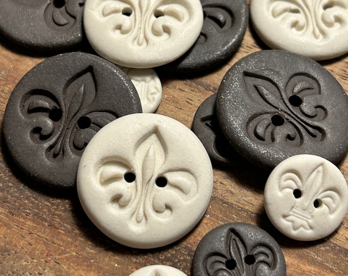 Fleur de Lis Buttons -Choose Black Clay or Porcelain White Pottery Button-french button-quebec buttons-marci gras button-france button
