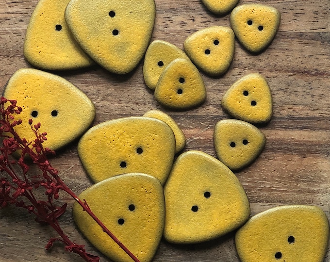 Vibrant Mustard Triangle Artisan Buttons-Artisan buttons-Mustardbuttons-pottery buttons-ceramic buttons-yellow buttons-triangle buttons