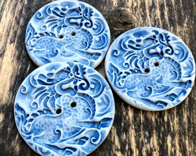 Porcelain Dragon- Blue dragon-Artisan Button-Delft Button-Porcelain button-hand -ceramic button-focal button-pottery button-blue button