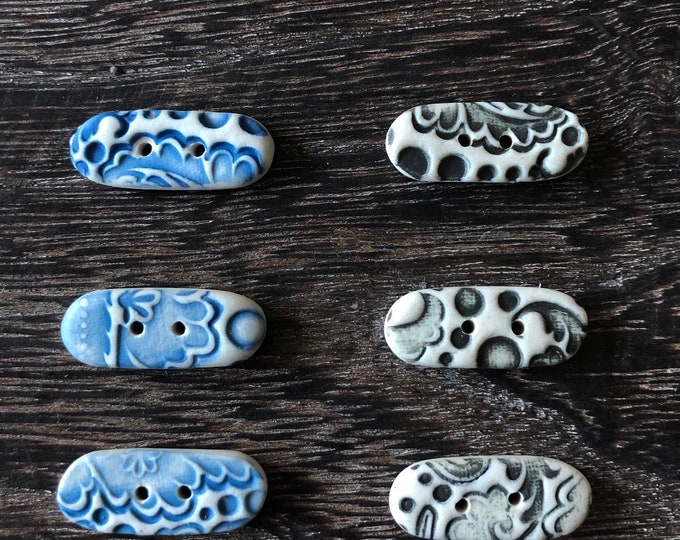 Toggle Buttons-Delft buttons-Blue toggle button-Black toggle button-Blue delft-black and white delft-ceramic button-pottery button-oblong