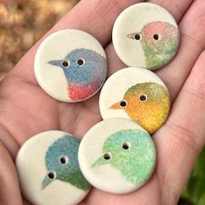 May include: Five ceramic buttons featuring painted bird designs. The buttons are round and have two holes. The birds are painted in a variety of colours, including blue, green, yellow, and red.