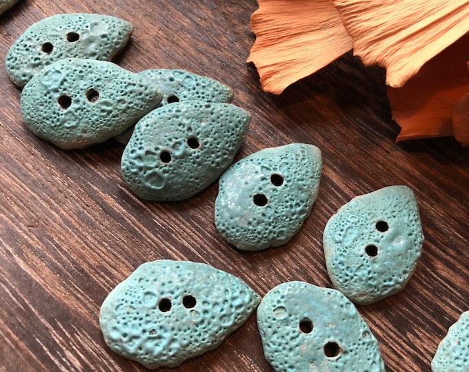 Turquoise Leaf Artisan Toggle Buttons-Artisan buttons-coat buttons-ceramic  buttons-Hand crafted buttons-Embossed buttons-leaf Buttons-