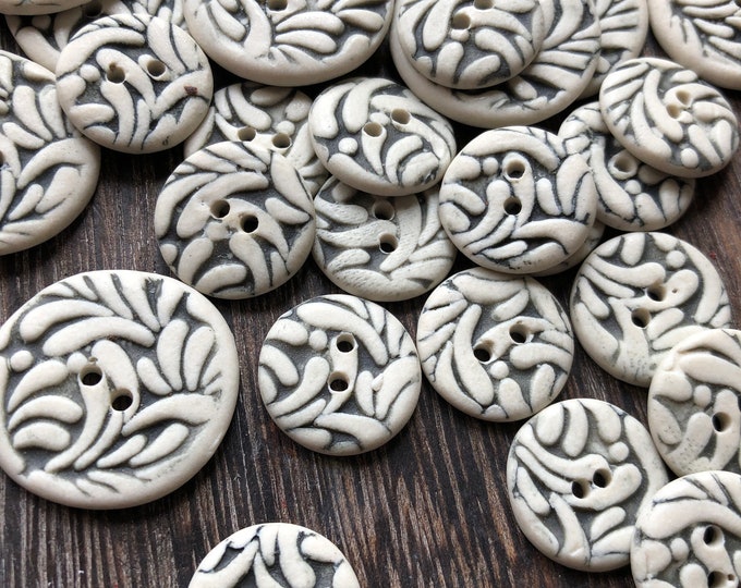 Florentine Porcelain Buttons-Artisan Buttons-Handmade Buttons-black and white button-pottery button-elegant button-embossed button