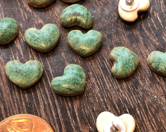 Copper Patina Heart Artisbuttons-shank button-heart button-small heart button green heart-pottery button-ceramic button-baby green button