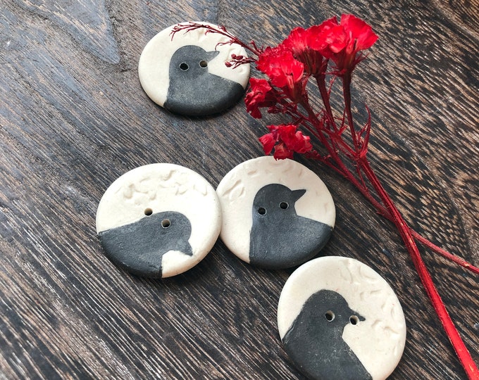 Blackbird Porcelain Button-Artisan Button-Hand made button-ceramic button-large button-pottery bird button-blue button-hand painted button