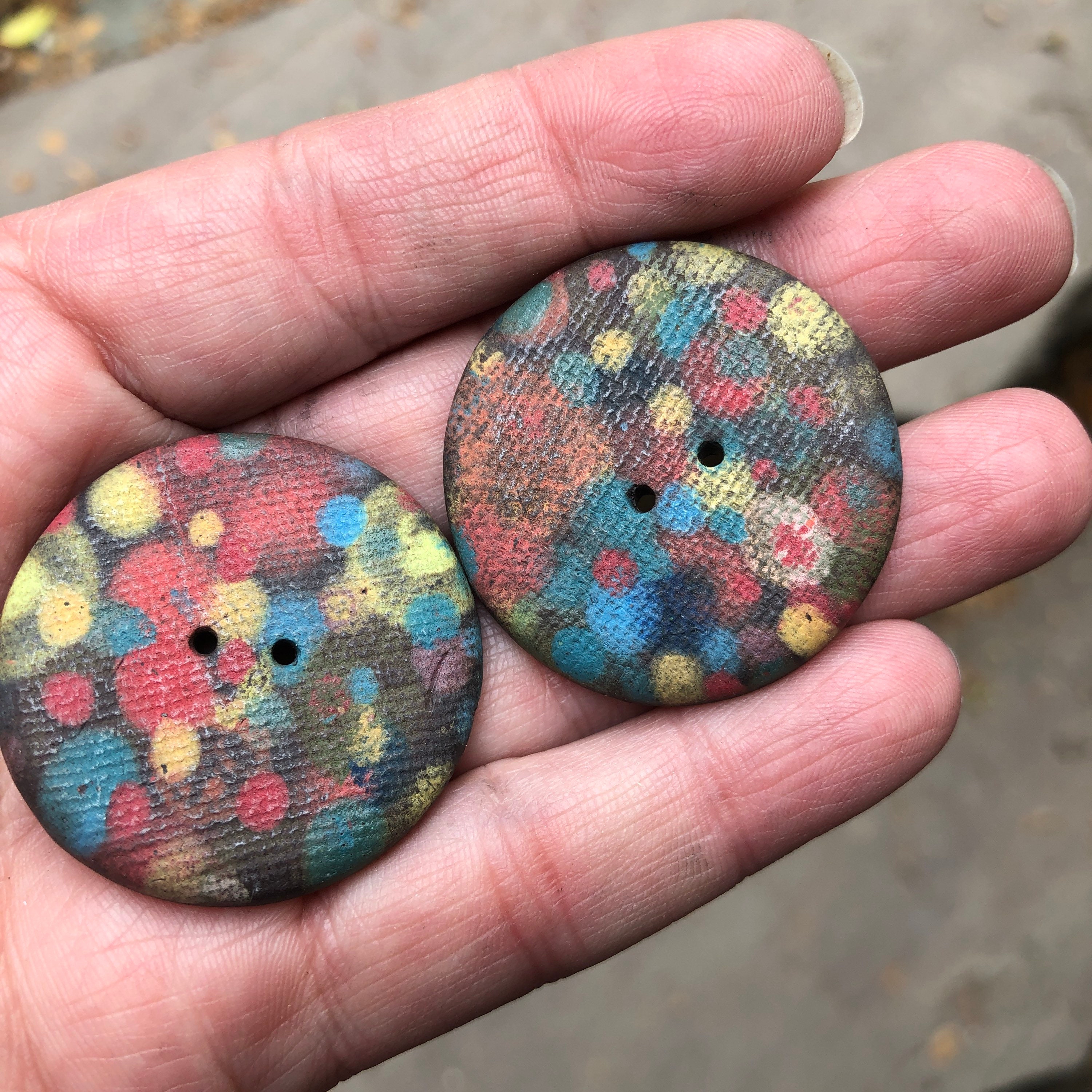 Reflections Pair of Large Hand Painted Buttons Ceramic Buttons