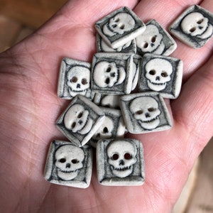 Può includere: Una collezione di 14 bottoni in ceramica bianca con disegni di teschi neri. I bottoni sono di forma quadrata e hanno un design a teschio in rilievo.