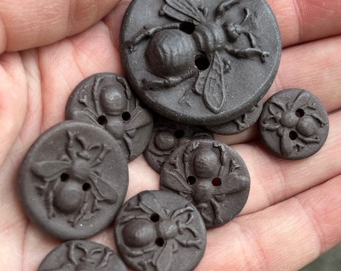 Pottery 'Bee Black' Buttons-Artisan Buttons-clay button-Handcrafted Bee button-bee notion-bee gift-pottery button-ceramic button-clay button