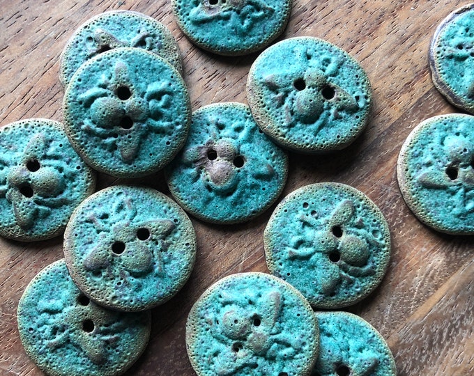 Copper Patina Bee Artisan Button- Bee button-handmade button-pottery button-ceramic button-knitting button-turquoise button-copper button